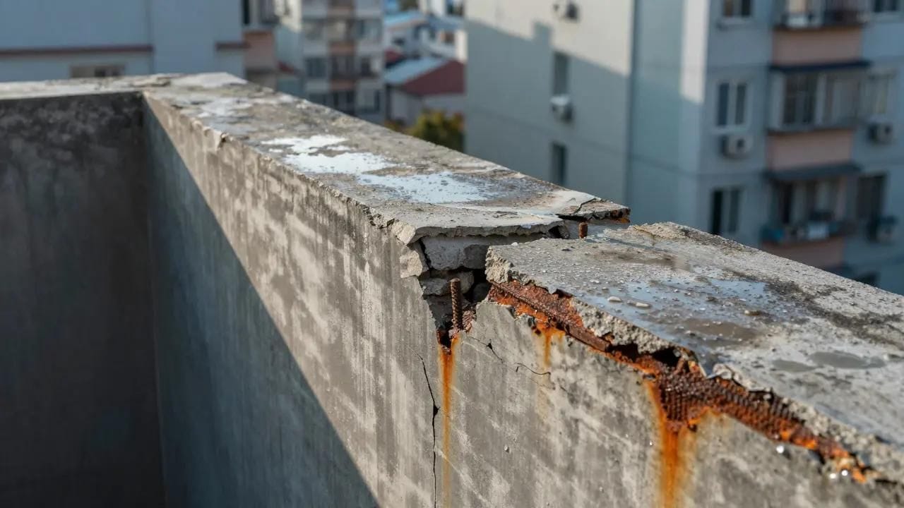 A spalled concrete parapet edge with exposed, heavily corroded reinforcing steel and rust staining